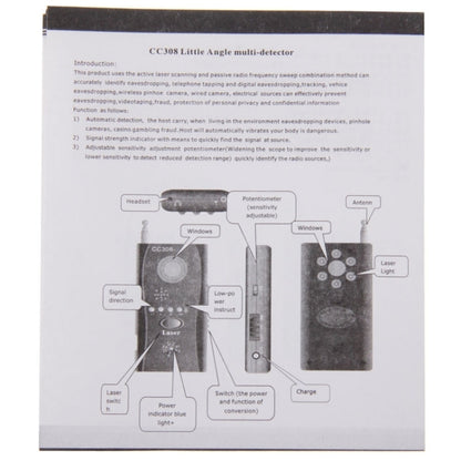 CC308 + เครื่องตรวจจับเลนส์กล้องไร้สายหลายตัวคลื่นวิทยุสัญญาณตรวจจับเครื่องค้นหาอุปกรณ์ RF GSM แบบเต็มช่วง, CC308+