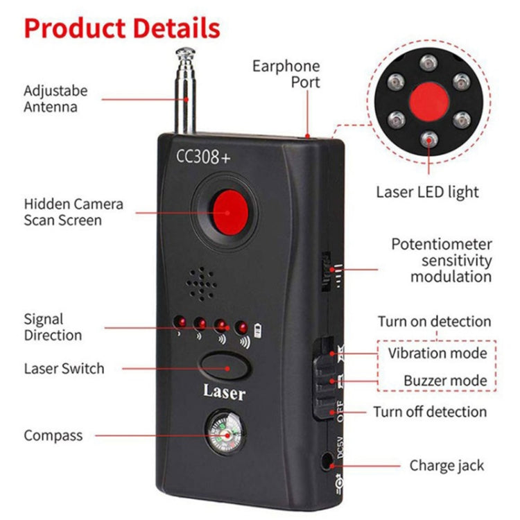 CC308+ Multi-Detector Full-Range All-Round Detector สำหรับกล้องจิ๋วที่ซ่อนอยู่ / เลนส์ IP / GMS / RF เครื่องตรวจจับสัญญาณ Finder, CC308+ Detector