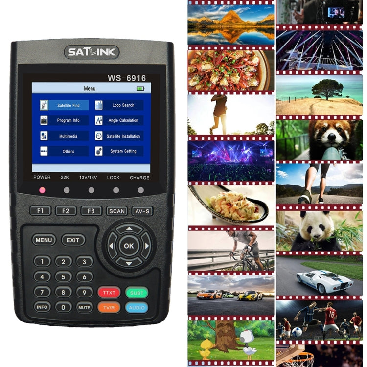 SATLINK WS6916 เครื่องวัดสัญญาณดาวเทียมดิจิตอล, หน้าจอ TFT LCD ขนาด 3.5 นิ้ว, รองรับ DVB-S / S2, MPEG-2 / MPEG-4, WS6916