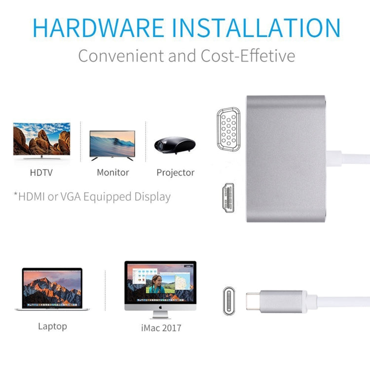 2 in 1 VGA และ HDMI Female เป็น USB-C / Type-C Male Hub Splitter Adapter, VGA+HDMI