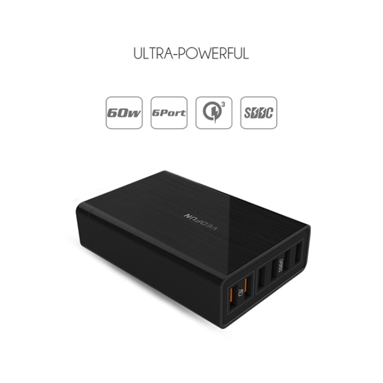 VEDFUN TurboCube D620 หกพอร์ต Quick Charge 3.0 + เทคโนโลยี SDDC เครื่องชาร์จ USB, ปลั๊ก EU / US / UK