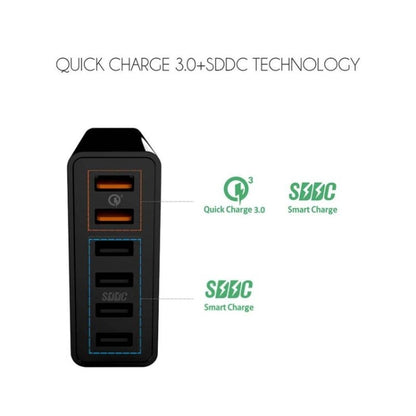 VEDFUN TurboCube D620 หกพอร์ต Quick Charge 3.0 + เทคโนโลยี SDDC เครื่องชาร์จ USB, ปลั๊ก EU / US / UK