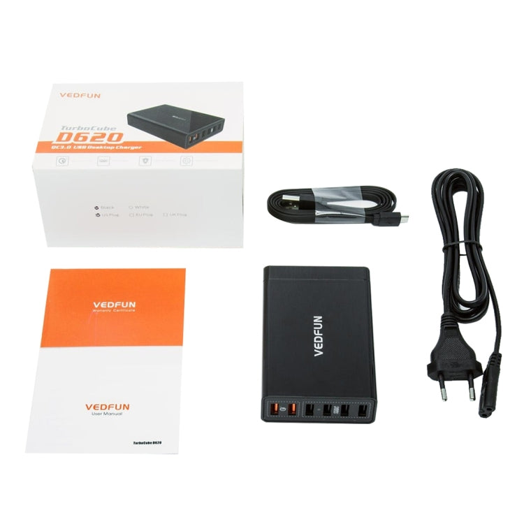 VEDFUN TurboCube D620 หกพอร์ต Quick Charge 3.0 + เทคโนโลยี SDDC เครื่องชาร์จ USB, ปลั๊ก EU / US / UK