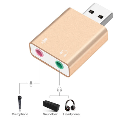 เปลือกอลูมิเนียม 3.5 มม.แจ็คการ์ดเสียง USB ภายนอก HIFI Magic Voice 7.1 ช่องอะแดปเตอร์ไดรฟ์ฟรีสำหรับคอมพิวเตอร์,เดสก์ท็อป,ลำโพง,ชุดหูฟัง,ไมโครโฟน, Aluminum 7.1 Channel Gold