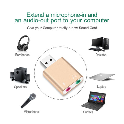 เปลือกอลูมิเนียม 3.5 มม.แจ็คการ์ดเสียง USB ภายนอก HIFI Magic Voice 7.1 ช่องอะแดปเตอร์ไดรฟ์ฟรีสำหรับคอมพิวเตอร์,เดสก์ท็อป,ลำโพง,ชุดหูฟัง,ไมโครโฟน, Aluminum 7.1 Channel Gold