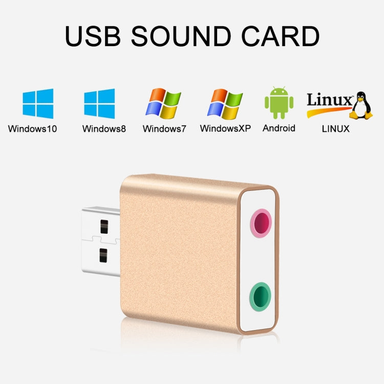 เปลือกอลูมิเนียม 3.5 มม.แจ็คการ์ดเสียง USB ภายนอก HIFI Magic Voice 7.1 ช่องอะแดปเตอร์ไดรฟ์ฟรีสำหรับคอมพิวเตอร์,เดสก์ท็อป,ลำโพง,ชุดหูฟัง,ไมโครโฟน, Aluminum 7.1 Channel Gold