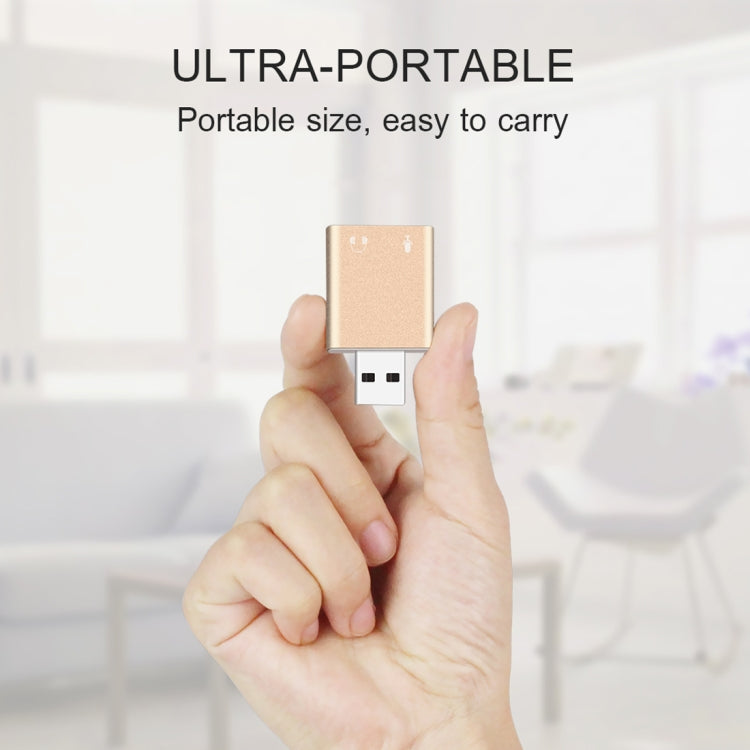 เปลือกอลูมิเนียม 3.5 มม.แจ็คการ์ดเสียง USB ภายนอก HIFI Magic Voice 7.1 ช่องอะแดปเตอร์ไดรฟ์ฟรีสำหรับคอมพิวเตอร์,เดสก์ท็อป,ลำโพง,ชุดหูฟัง,ไมโครโฟน, Aluminum 7.1 Channel Gold