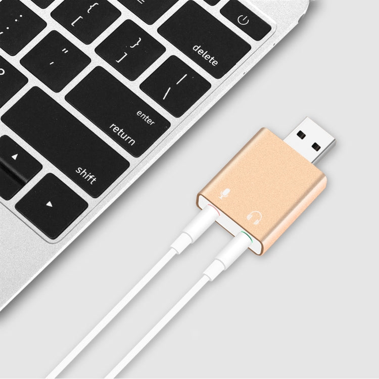 เปลือกอลูมิเนียม 3.5 มม.แจ็คการ์ดเสียง USB ภายนอก HIFI Magic Voice 7.1 ช่องอะแดปเตอร์ไดรฟ์ฟรีสำหรับคอมพิวเตอร์,เดสก์ท็อป,ลำโพง,ชุดหูฟัง,ไมโครโฟน, Aluminum 7.1 Channel Gold