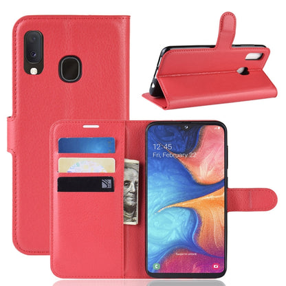 เคสหนังพลิกแนวนอนเนื้อลิ้นจี่สำหรับ Galaxy A20e พร้อมกระเป๋าสตางค์และที่ใส่และช่องเสียบการ์ด, For Galaxy A20e