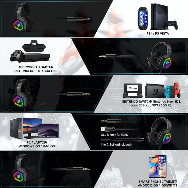 ONIKUMA K10 เกมคอมพิวเตอร์ชุดหูฟังแบบมีสายพร้อมไฟ LED RGB, K10