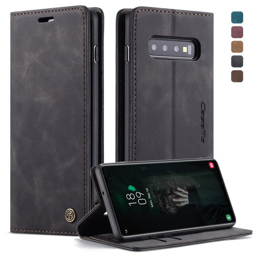 CaseMe-013 ซองหนังพลิกแนวนอน Retro Frosted มัลติฟังก์ชั่นสำหรับ Galaxy S10 Plus พร้อมช่องเสียบการ์ดและที่วางและกระเป๋าสตางค์, For Galaxy S10 Plus