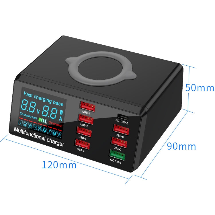 X9 9 in 1 QC 3.0 อินเทอร์เฟซ USB + พอร์ต USB 6 พอร์ต + พอร์ต PD 65W + QI การชาร์จอย่างรวดเร็วแบบไร้สายเครื่องชาร์จมัลติฟังก์ชั่นพร้อมจอแสดงผล LED, X9