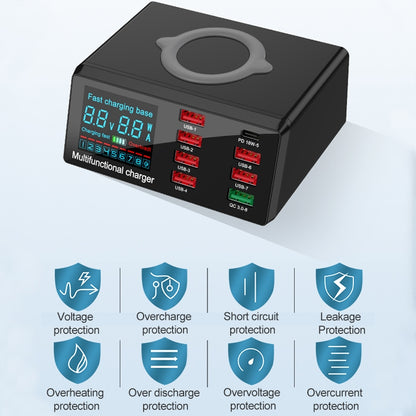 X9 9 in 1 QC 3.0 อินเทอร์เฟซ USB + พอร์ต USB 6 พอร์ต + พอร์ต PD 65W + QI การชาร์จอย่างรวดเร็วแบบไร้สายเครื่องชาร์จมัลติฟังก์ชั่นพร้อมจอแสดงผล LED, X9