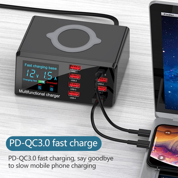X9 9 in 1 QC 3.0 อินเทอร์เฟซ USB + พอร์ต USB 6 พอร์ต + พอร์ต PD 65W + QI การชาร์จอย่างรวดเร็วแบบไร้สายเครื่องชาร์จมัลติฟังก์ชั่นพร้อมจอแสดงผล LED, X9