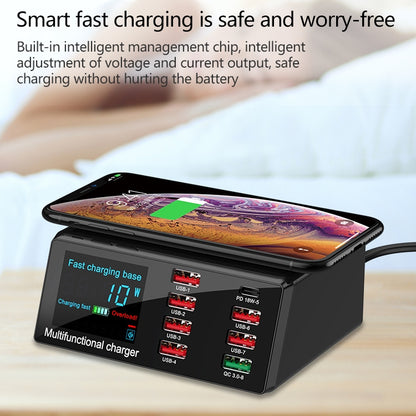 X9 9 in 1 QC 3.0 อินเทอร์เฟซ USB + พอร์ต USB 6 พอร์ต + พอร์ต PD 65W + QI การชาร์จอย่างรวดเร็วแบบไร้สายเครื่องชาร์จมัลติฟังก์ชั่นพร้อมจอแสดงผล LED, X9