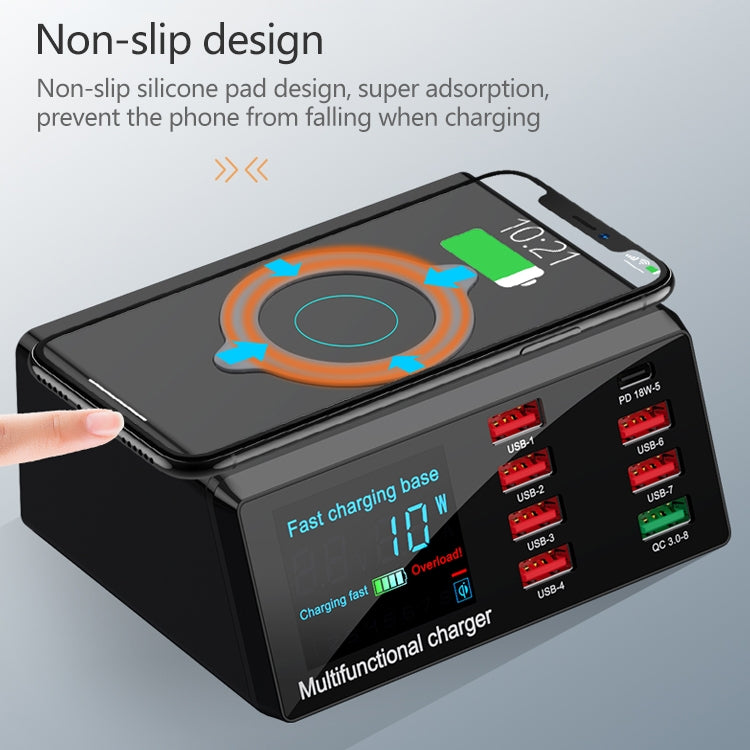 X9 9 in 1 QC 3.0 อินเทอร์เฟซ USB + พอร์ต USB 6 พอร์ต + พอร์ต PD 65W + QI การชาร์จอย่างรวดเร็วแบบไร้สายเครื่องชาร์จมัลติฟังก์ชั่นพร้อมจอแสดงผล LED, X9