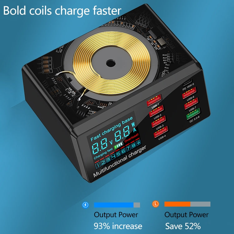 X9 9 in 1 QC 3.0 อินเทอร์เฟซ USB + พอร์ต USB 6 พอร์ต + พอร์ต PD 65W + QI การชาร์จอย่างรวดเร็วแบบไร้สายเครื่องชาร์จมัลติฟังก์ชั่นพร้อมจอแสดงผล LED, X9