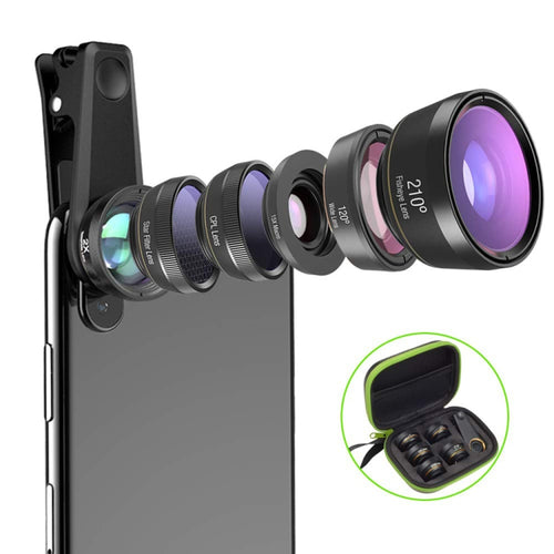 APEXEL APL-DG6V2 6 in 1 Universal ภายนอก 2X โทรศัพท์ + 210 องศา Fisheye + 15X มาโคร + มุมกว้าง 120 องศา + CPL + เลนส์กรองดาว