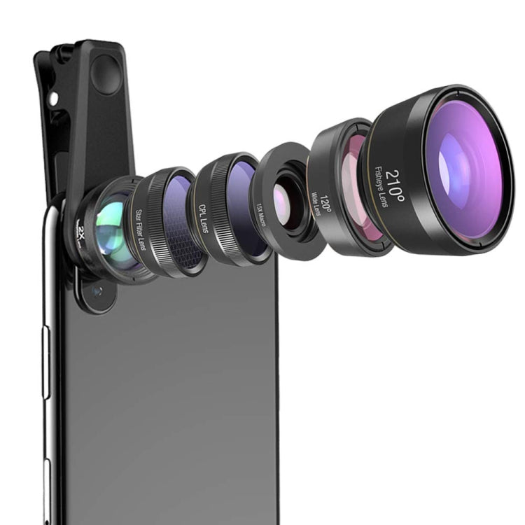 APEXEL APL-DG6V2 6 in 1 Universal ภายนอก 2X โทรศัพท์ + 210 องศา Fisheye + 15X มาโคร + มุมกว้าง 120 องศา + CPL + เลนส์กรองดาว
