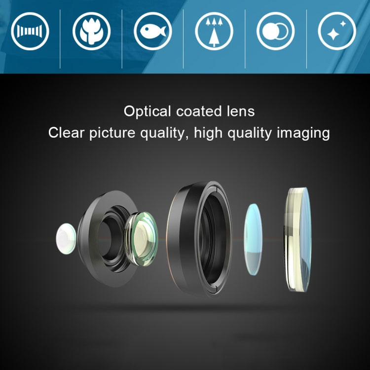 APEXEL APL-DG6V2 6 in 1 Universal ภายนอก 2X โทรศัพท์ + 210 องศา Fisheye + 15X มาโคร + มุมกว้าง 120 องศา + CPL + เลนส์กรองดาว
