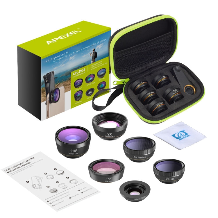 APEXEL APL-DG6V2 6 in 1 Universal ภายนอก 2X โทรศัพท์ + 210 องศา Fisheye + 15X มาโคร + มุมกว้าง 120 องศา + CPL + เลนส์กรองดาว