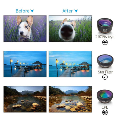 APEXEL APL-DG6V2 6 in 1 Universal ภายนอก 2X โทรศัพท์ + 210 องศา Fisheye + 15X มาโคร + มุมกว้าง 120 องศา + CPL + เลนส์กรองดาว