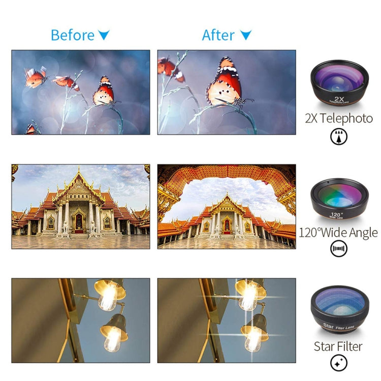 APEXEL APL-DG6V2 6 in 1 Universal ภายนอก 2X โทรศัพท์ + 210 องศา Fisheye + 15X มาโคร + มุมกว้าง 120 องศา + CPL + เลนส์กรองดาว