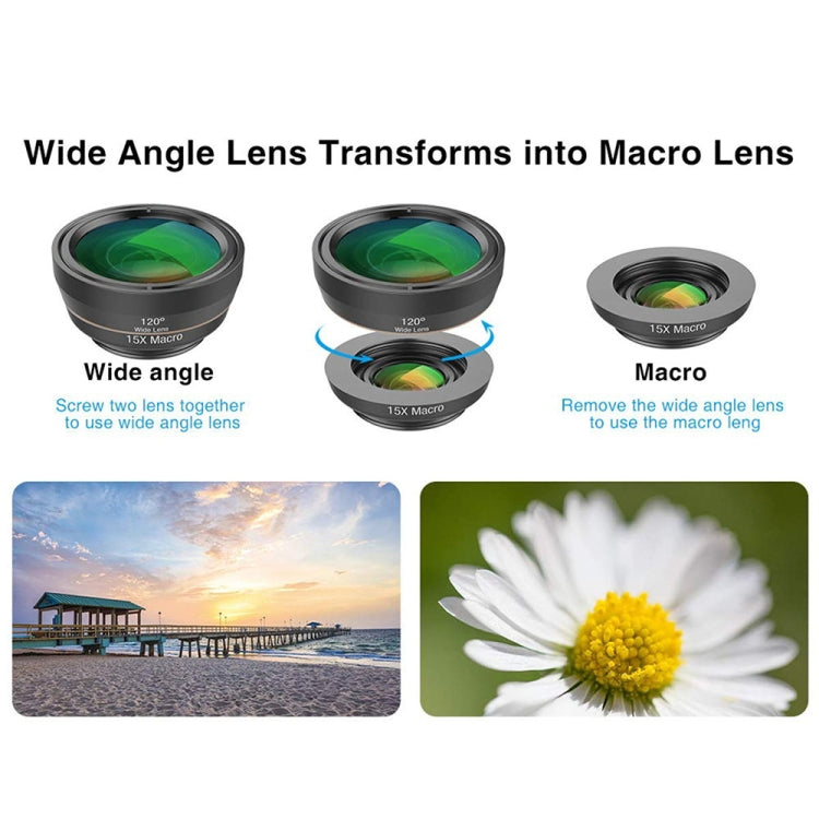 APEXEL APL-DG6V2 6 in 1 Universal ภายนอก 2X โทรศัพท์ + 210 องศา Fisheye + 15X มาโคร + มุมกว้าง 120 องศา + CPL + เลนส์กรองดาว