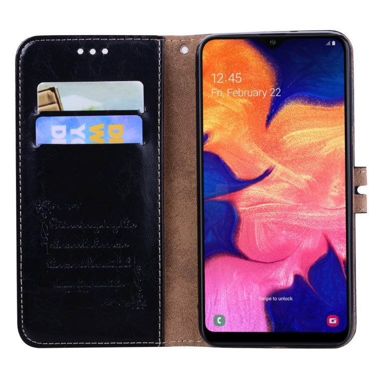ซองหนังพลิกแนวนอนเนื้อขี้ผึ้งน้ำมันสไตล์ธุรกิจสำหรับ Galaxy A10 พร้อมตัวยึดและช่องเสียบการ์ดและกระเป๋าสตางค์, For Galaxy A10