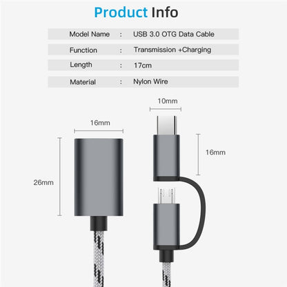 USB 3.0 ตัวเมียเป็น Micro USB USB-C / Type-C การชาร์จตัวผู้ + การส่งผ่านสายเคเบิลอะแดปเตอร์ถักไนลอน OTG ความยาวสายเคเบิล: 17 ซม., Micro USB 17cm Grey, Micro USB 17cm Gold