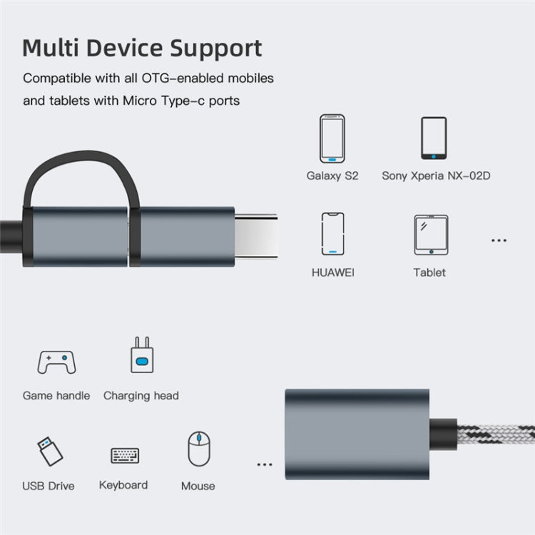 USB 3.0 ตัวเมียเป็น Micro USB USB-C / Type-C การชาร์จตัวผู้ + การส่งผ่านสายเคเบิลอะแดปเตอร์ถักไนลอน OTG ความยาวสายเคเบิล: 17 ซม., Micro USB 17cm Grey, Micro USB 17cm Gold