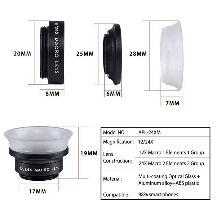 APEXEL APL-24X-H 2 in 1 Universal ภายนอก 12X และ 24X Macro เลนส์โทรศัพท์มือถือพร้อมเลนส์