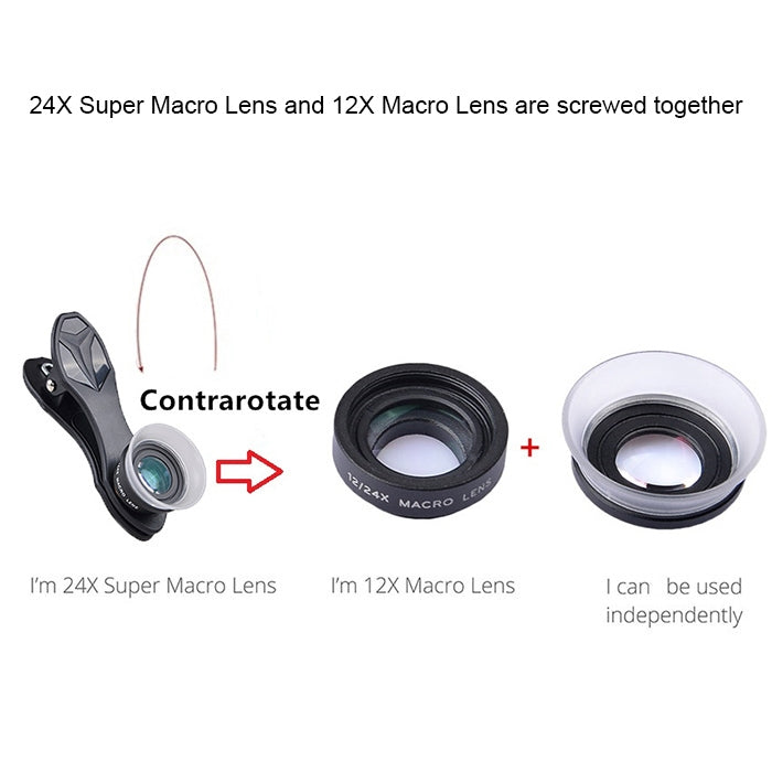 APEXEL APL-24X-H 2 in 1 Universal ภายนอก 12X และ 24X Macro เลนส์โทรศัพท์มือถือพร้อมเลนส์