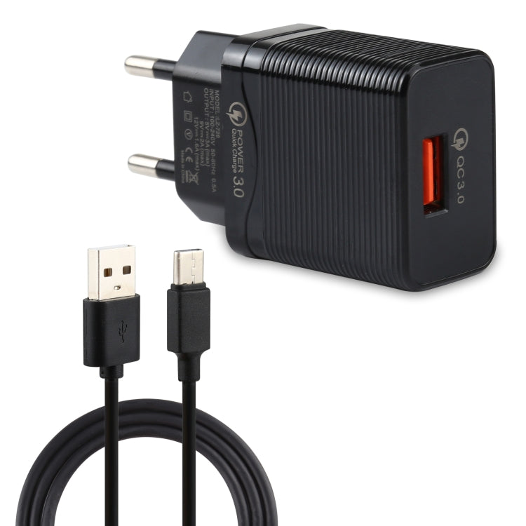 LZ728 2 in 1 18W QC 3.0 อินเตอร์เฟส USB ที่ชาร์จสำหรับเดินทาง + ชุดสายเคเบิลข้อมูล USB เป็น USBC / TypeC, ปลั๊ก EU, ความยาวสายเคเบิล: 1 ม., with USB-C / Type-C Cable