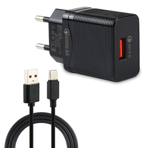 LZ728 2 in 1 18W QC 3.0 อินเตอร์เฟส USB ที่ชาร์จสำหรับเดินทาง + ชุดสายเคเบิลข้อมูล USB เป็น USBC / TypeC, ปลั๊ก EU, ความยาวสายเคเบิล: 1 ม., with USB-C / Type-C Cable