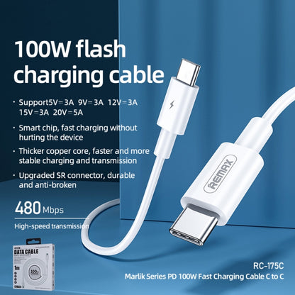 REMAX Marlik Series RC-175c PD 100W อินเทอร์เฟซ USB-C / Type-C เป็น USB-C / Type-C สายเคเบิลข้อมูลการชาร์จอย่างรวดเร็ว ความยาวสายเคเบิล: 1 ม., 1m