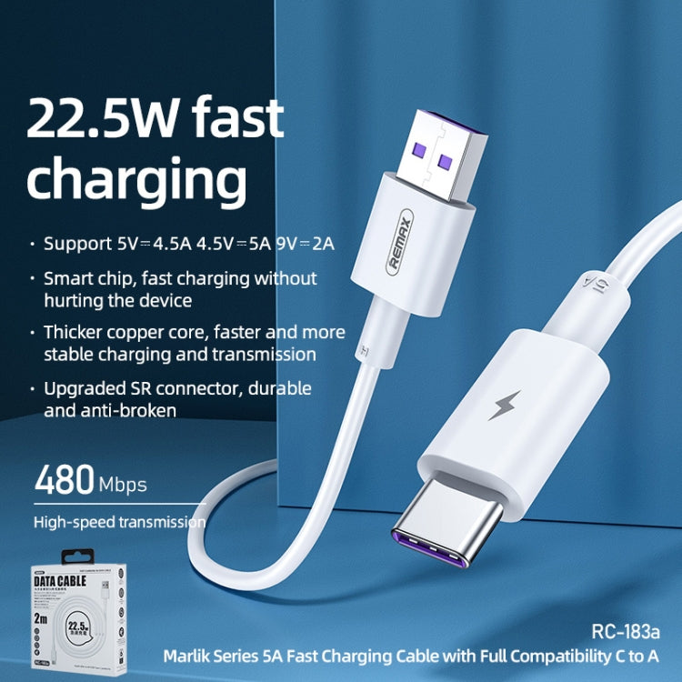 REMAX Marlik Series RC-183a 22.5W 5A อินเทอร์เฟซ USB เป็น USB-C / Type-C เข้ากันได้อย่างสมบูรณ์สายเคเบิลข้อมูลการชาร์จอย่างรวดเร็วความยาวสายเคเบิล: 2 ม., 2m