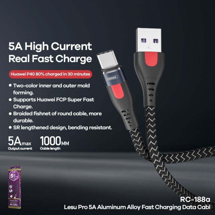REMAX RC-188a Lesu Pro 1 ม. 5A USB เข้ากับ USB-C / Type-C อลูมิเนียมอัลลอยด์ถักเปียสายเคเบิลข้อมูลการชาร์จอย่างรวดเร็ว, USB to USB-C / Type-C