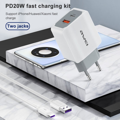 awei PD4 20W PD Type-C + QC 3.0 อินเทอร์เฟซ USB ชาร์จอย่างรวดเร็วที่ชาร์จเดินทางพร้อมสายเคเบิลข้อมูล, ปลั๊ก EU