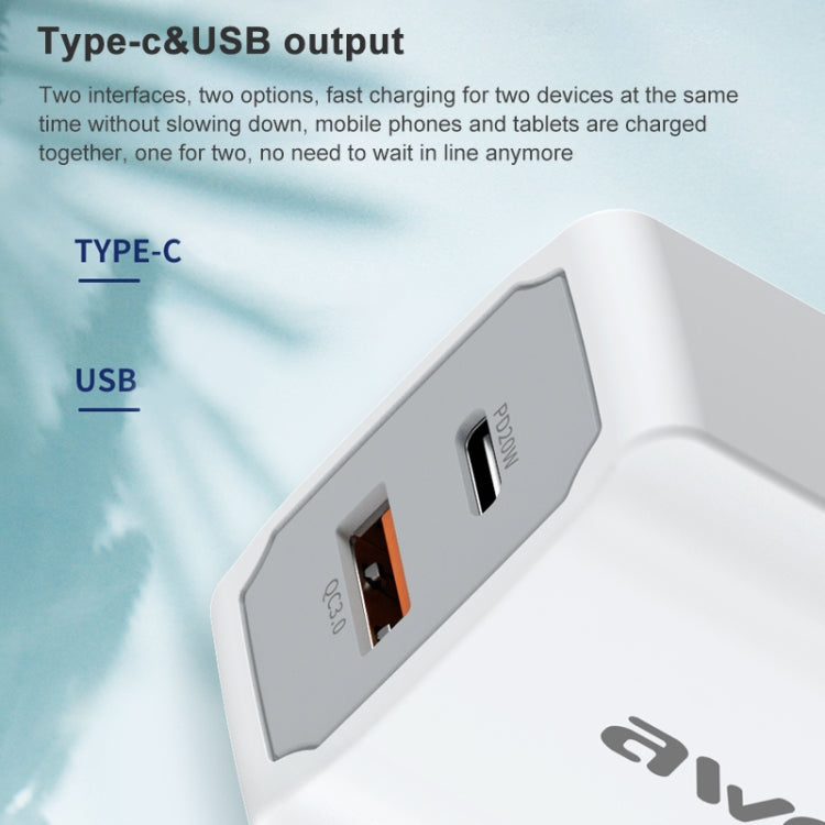 awei PD4 20W PD Type-C + QC 3.0 อินเทอร์เฟซ USB ชาร์จอย่างรวดเร็วที่ชาร์จเดินทางพร้อมสายเคเบิลข้อมูล, ปลั๊ก EU