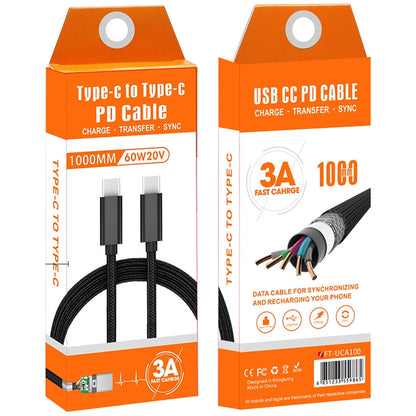 60W PD USB-C / Type-C ชายกับ USB-C / Type-C สายเคเบิลข้อมูลแบบถักชาย, ความยาวสายเคเบิล: 1 ม.