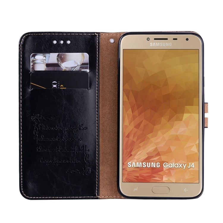 ซองหนังพลิกแนวนอนเนื้อน้ำมันขี้ผึ้งสไตล์ธุรกิจสำหรับ Galaxy J4 (เวอร์ชันสหภาพยุโรป) (2018) พร้อมตัวยึดและช่องเสียบการ์ดและกระเป๋าสตางค์, For Galaxy J4 (EU Version) (2018)