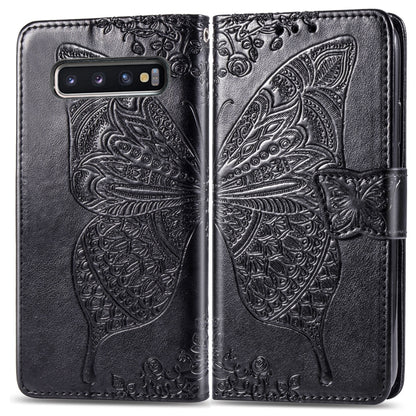 Butterfly Love Flowers ซองหนังพลิกแนวนอนลายนูนสำหรับ Galaxy S10+ พร้อมตัวยึดและช่องเสียบการ์ดและกระเป๋าสตางค์และเชือกเส้นเล็ก, For Galaxy S10+