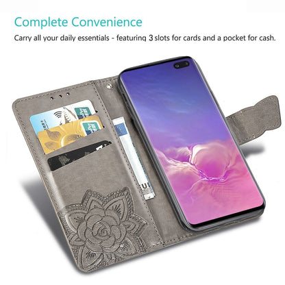 Butterfly Love Flowers ซองหนังพลิกแนวนอนลายนูนสำหรับ Galaxy S10+ พร้อมตัวยึดและช่องเสียบการ์ดและกระเป๋าสตางค์และเชือกเส้นเล็ก, For Galaxy S10+