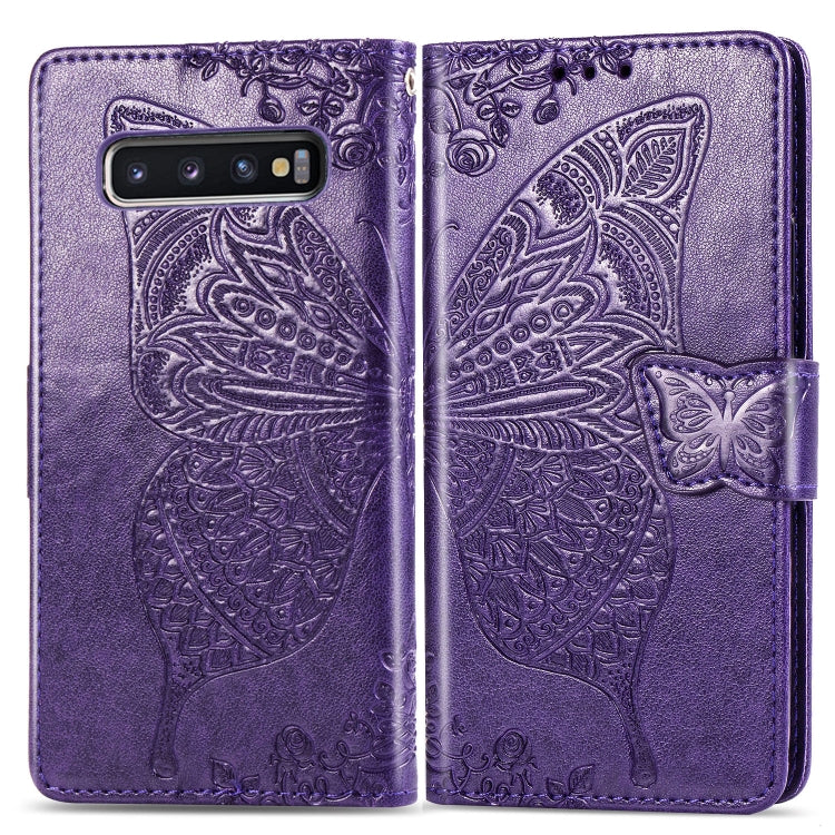 Butterfly Love Flowers ซองหนังพลิกแนวนอนลายนูนสำหรับ Galaxy S10+ พร้อมตัวยึดและช่องเสียบการ์ดและกระเป๋าสตางค์และเชือกเส้นเล็ก, For Galaxy S10+
