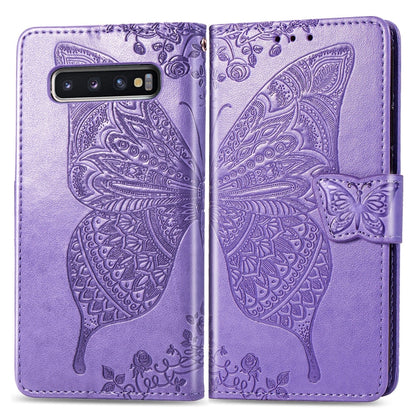 Butterfly Love Flowers ซองหนังพลิกแนวนอนลายนูนสำหรับ Galaxy S10+ พร้อมตัวยึดและช่องเสียบการ์ดและกระเป๋าสตางค์และเชือกเส้นเล็ก, For Galaxy S10+