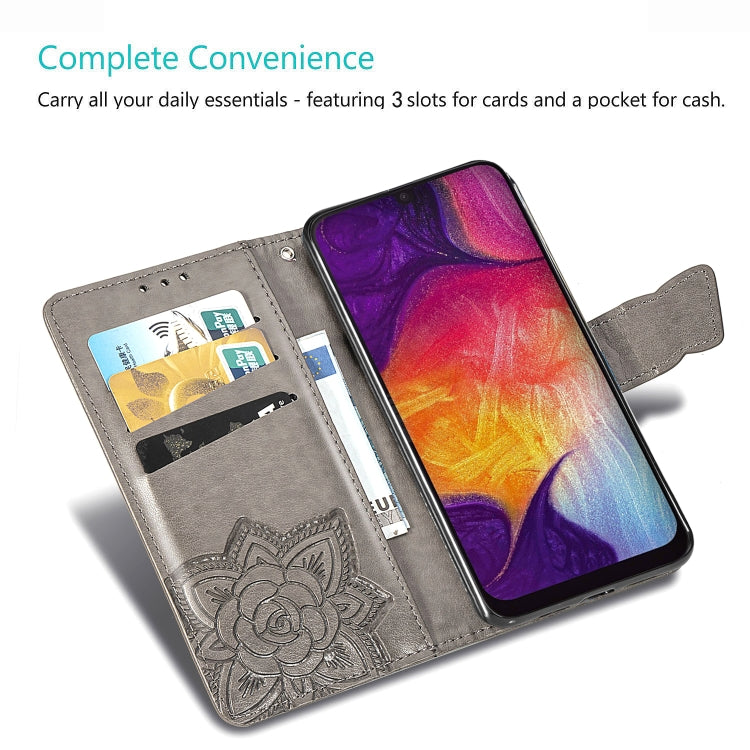 ผีเสื้อรักดอกไม้ลายนูนซองหนังพลิกแนวนอนสำหรับ Galaxy A50 พร้อมตัวยึดและช่องเสียบการ์ดและกระเป๋าสตางค์และเชือกเส้นเล็ก, For Galaxy A50