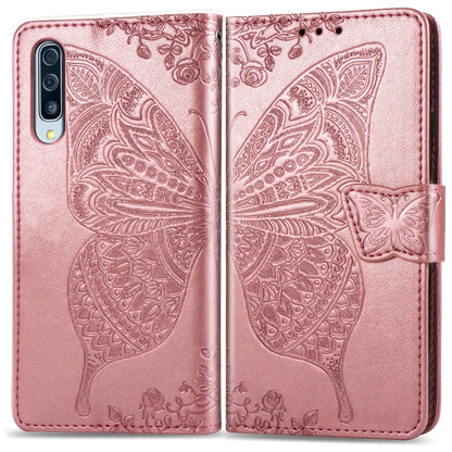 ผีเสื้อรักดอกไม้ลายนูนซองหนังพลิกแนวนอนสำหรับ Galaxy A50 พร้อมตัวยึดและช่องเสียบการ์ดและกระเป๋าสตางค์และเชือกเส้นเล็ก, For Galaxy A50