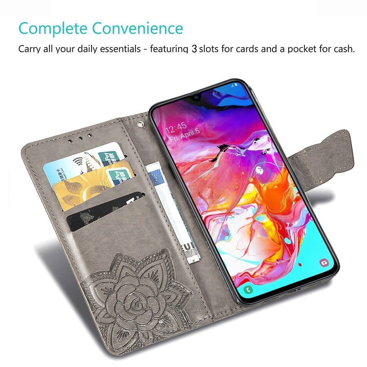 ผีเสื้อรักดอกไม้ลายนูนซองหนังพลิกแนวนอนสำหรับ Galaxy A70 พร้อมตัวยึดและช่องเสียบการ์ดและกระเป๋าสตางค์และเชือกเส้นเล็ก, For Galaxy A70