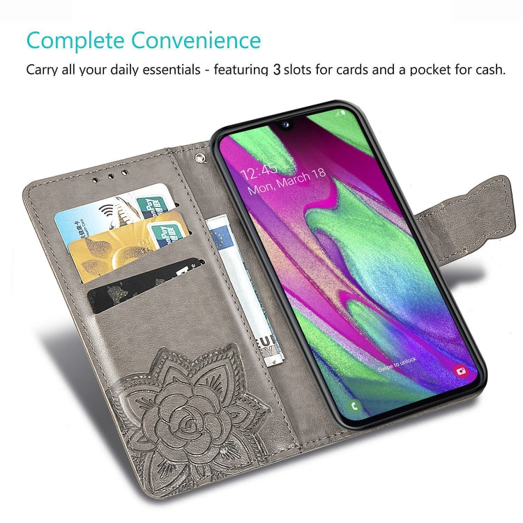 ผีเสื้อรักดอกไม้ลายนูนซองหนังพลิกแนวนอนสำหรับ Galaxy A40 พร้อมตัวยึดและช่องเสียบการ์ดและกระเป๋าสตางค์และเชือกเส้นเล็ก, For Galaxy A40
